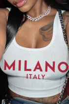 White Casual Letters Patchwork U Neck Tops