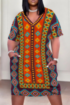 Orange Casual Street Geometric Print Pocket Contrast V Neck Printed Plus Size Dresses