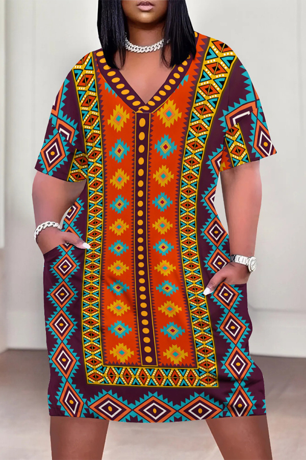Orange Casual Street Geometric Print Pocket Contrast V Neck Printed Plus Size Dresses