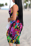 Black Sexy Street Splashed ink printing Contrast U Neck Printed Dresses