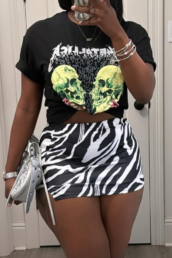 Black Street Print Patchwork O Neck Short Sleeve Two Pieces