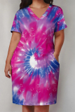Red Blue Casual Street Tie Dye Print Pocket Contrast V Neck Printed Plus Size Dresses
