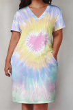 Red Blue Casual Street Tie Dye Print Pocket Contrast V Neck Printed Plus Size Dresses