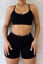 Black Street Solid Color Patchwork Backless V Neck Sleeveless Two Pieces