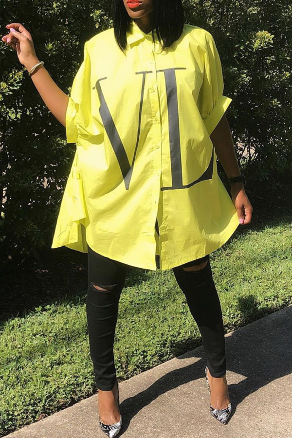 Yellow Casual Letters Buckle Patchwork Ruched Turndown Collar Tops