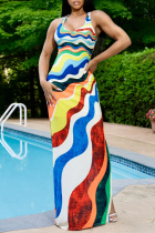 Yellow Street Stripe Hollow Out Patchwork Backless Slit O Neck Long Dresses