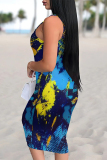 Black Sexy Street Splashed ink printing Contrast U Neck Printed Dresses