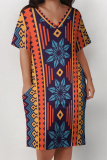 Orange Blue Casual Street Geometric Print Pocket Contrast V Neck Printed Plus Size Dresses