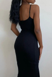 Black Sexy Letters Patchwork Backless Hot Drill Spaghetti Strap Long Dresses