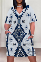 Light Blue Casual Street Geometric Print Pocket Contrast V Neck Printed Plus Size Dresses