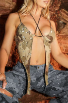 Camouflage Sexy Casual Camouflage Print Backless Irregular Belted Spaghetti Strap Tops