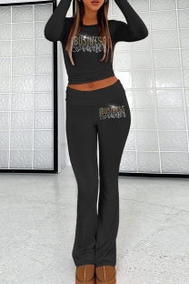 Black Casual Letters Patchwork Hot Drill O Neck Long Sleeve Two Pieces