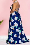 Blue Sexy Floral Print Backless Belted Spaghetti Strap Long Dresses