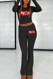 Black Casual Letters Patchwork O Neck Long Sleeve Two Pieces