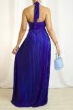 Blue Celebrities Solid Color Hollow Out Patchwork Backless Ruched Halter Evening Dresses