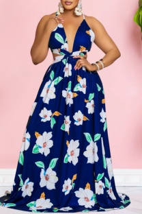 Blue Sexy Floral Print Backless Belted Spaghetti Strap Long Dresses