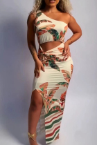 White Celebrities Print Hollow Out Patchwork High Slit Ruched Oblique Collar Long Dresses