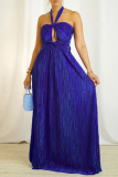 Blue Celebrities Solid Color Hollow Out Patchwork Backless Ruched Halter Evening Dresses