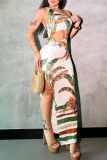 White Celebrities Print Hollow Out Patchwork High Slit Ruched Oblique Collar Long Dresses