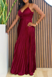 Burgundy Celebrities Solid Color Patchwork Backless Pleated Spaghetti Strap Sling Dresses