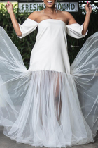 White Celebrities Solid Color Patchwork Backless Mesh Off Shoulder Evening Dresses