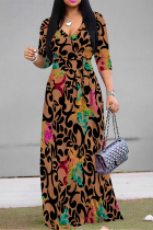 Brown Casual Floral Print Lace Up V Neck Printed Dresses