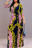 Black Casual Street Geometric Print Chain print Lace Up V Neck Printed Dresses
