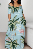 Baby Blue Casual Tropical Print Contrast Off Shoulder Printed Dresses