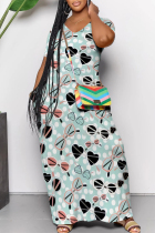 Blue Casual Love Print Contrast V Neck Printed Dresses