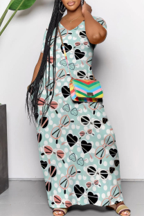 Blue Casual Love Print Contrast V Neck Printed Dresses