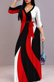 Red Black Celebrities Print Patchwork Strap Design V Neck Long Dresses