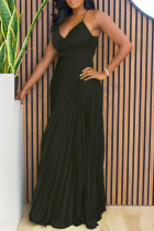 Black Celebrities Solid Color Patchwork Backless Pleated Spaghetti Strap Sling Dresses