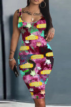Red-brown Casual Print Basic U Neck Vest Dresses