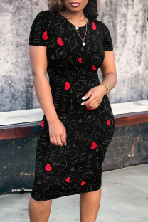 Black Red Casual Daily Letter Print Love Print Contrast O Neck Printed Short Sleeve Dress