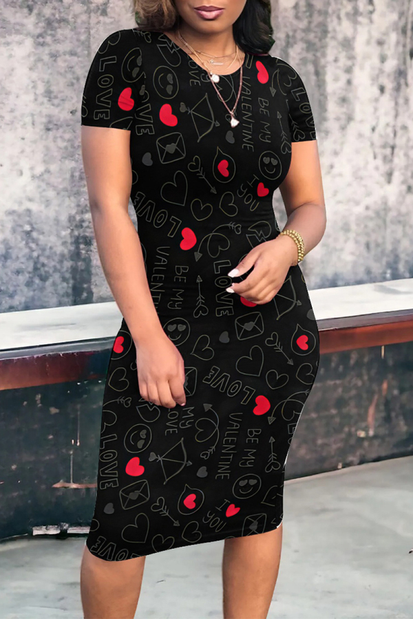 Black Red Casual Daily Letter Print Love Print Contrast O Neck Printed Short Sleeve Dress