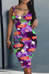 Purple Casual Print Basic U Neck Vest Dresses