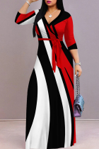 White Black Celebrities Print Patchwork Strap Design V Neck Long Dresses