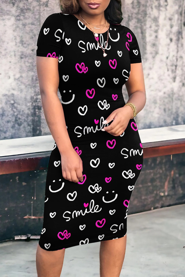 Black White Casual Daily Letter Print Love Print Contrast O Neck Printed Short Sleeve Dress