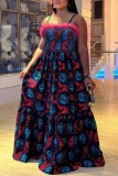 Rose Red Sexy Casual Print Backless Patchwork Spaghetti Strap Long Dresses