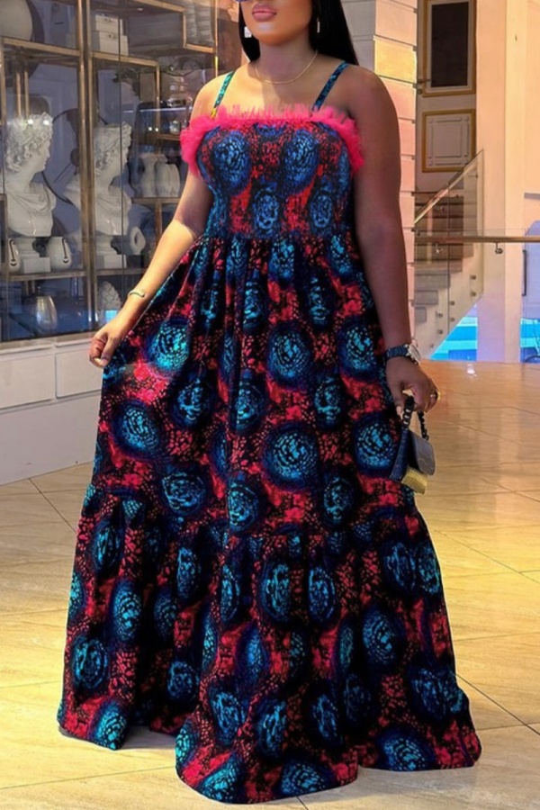 Rose Red Sexy Casual Print Backless Patchwork Spaghetti Strap Long Dresses