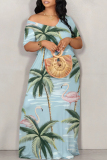 Baby Blue Casual Tropical Print Contrast Off Shoulder Printed Dresses
