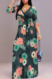 Pink Casual Floral Print Lace Up V Neck Printed Dresses