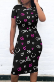 Cream White Casual Daily Letter Print Love Print Contrast O Neck Printed Short Sleeve Dress