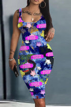Dark Blue Casual Print Basic U Neck Vest Dresses