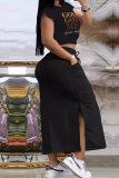 Black Casual Letters Pocket Lace Up Patchwork Slit O Neck Two Pieces