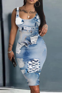 Light Blue Casual Faux Denim Print Basic U Neck Vest Dresses