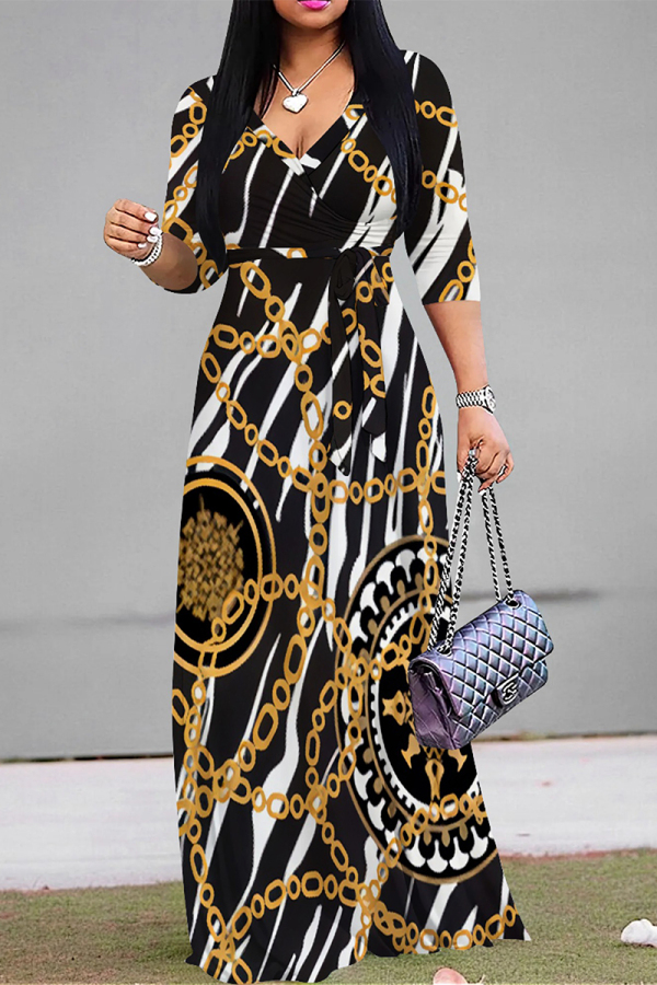 Zebra Casual Street Leopard Print Zebra Print Chain print Lace Up Contrast V Neck Printed Dresses