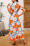 Tangerine Red Celebrities Print Buckle Patchwork Strap Design Turndown Collar Long Dresses
