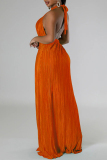 Black Celebrities Solid Color Hollow Out Patchwork Backless Pleated O Neck Long Dresses