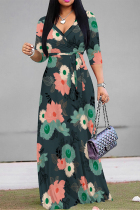 Dark Green Casual Floral Print Lace Up V Neck Printed Dresses